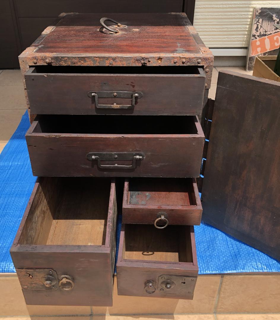 アンティーク 船箪笥 鉄金具付 木製金庫 小箪笥 明治〜大正期 古民具 #952