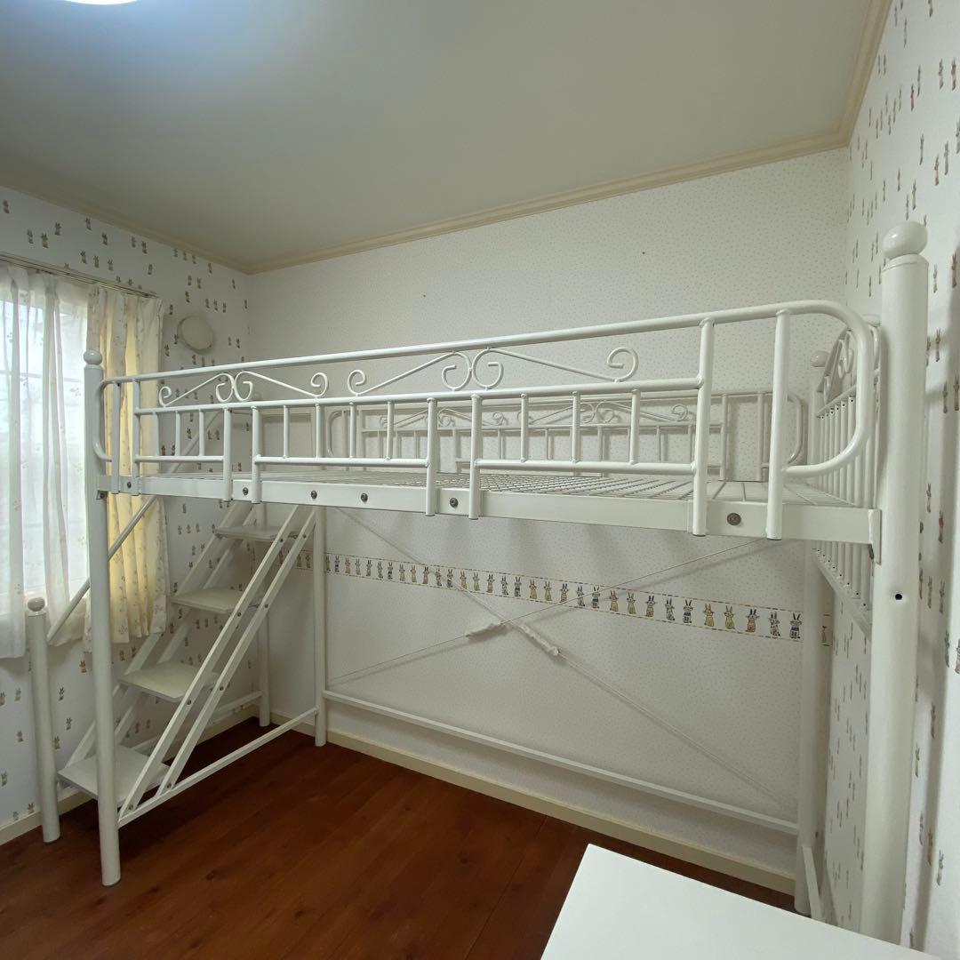 【ロフトベッド 階段】シングル ホワイト白　引取り限定