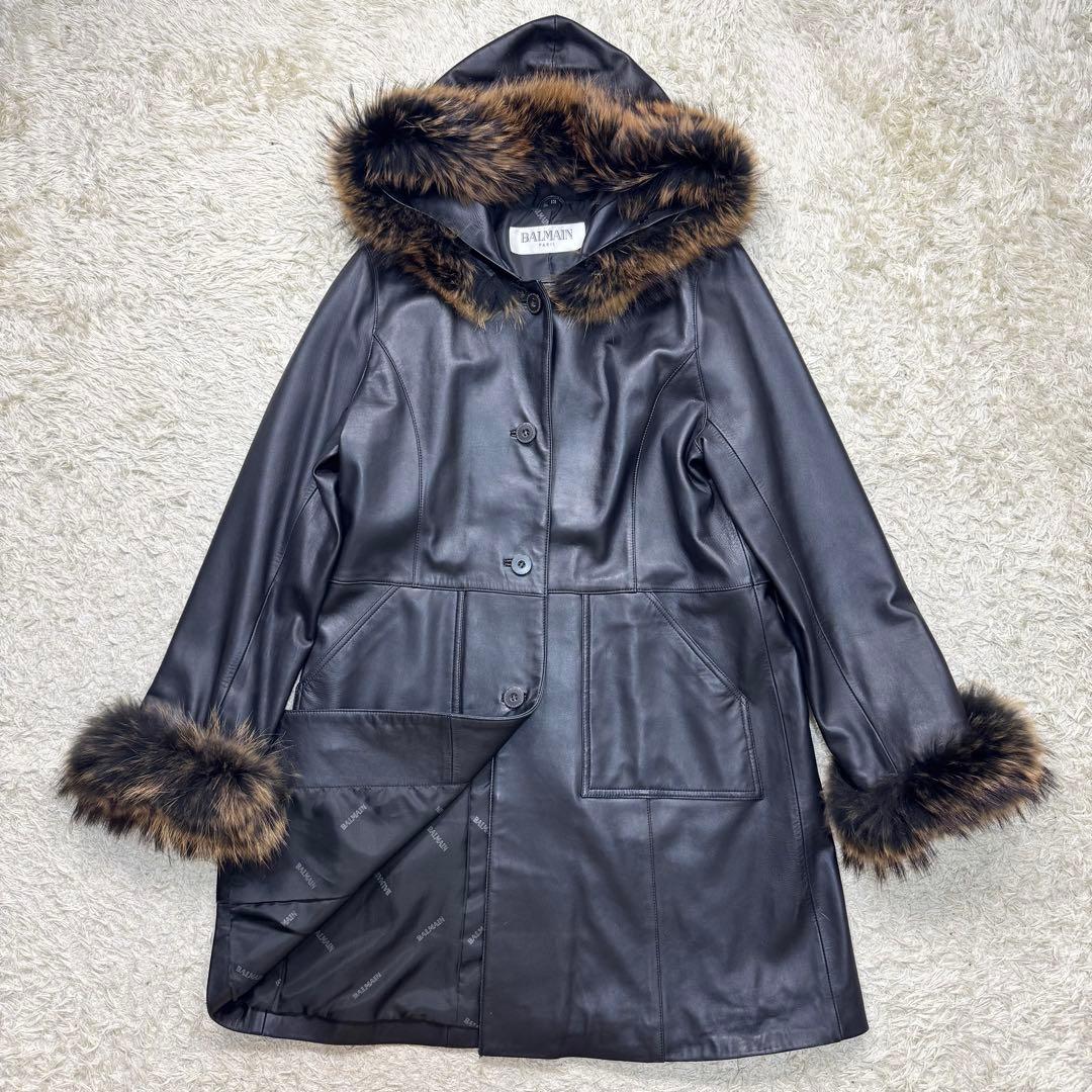 美品　バルマン　レザー　コート　ファー　フード　ラムレザー　羊革　ブラック　XL