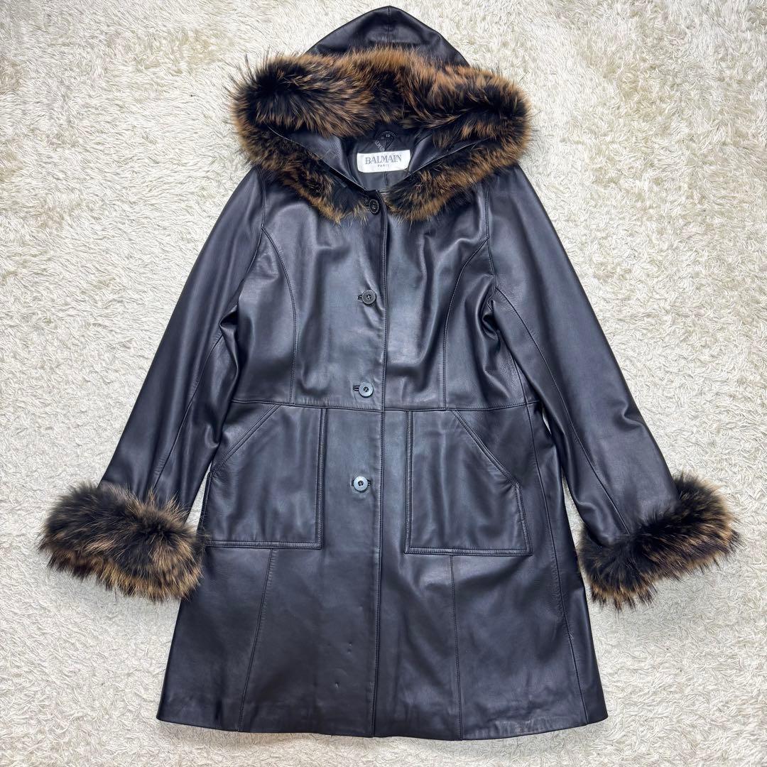 美品　バルマン　レザー　コート　ファー　フード　ラムレザー　羊革　ブラック　XL