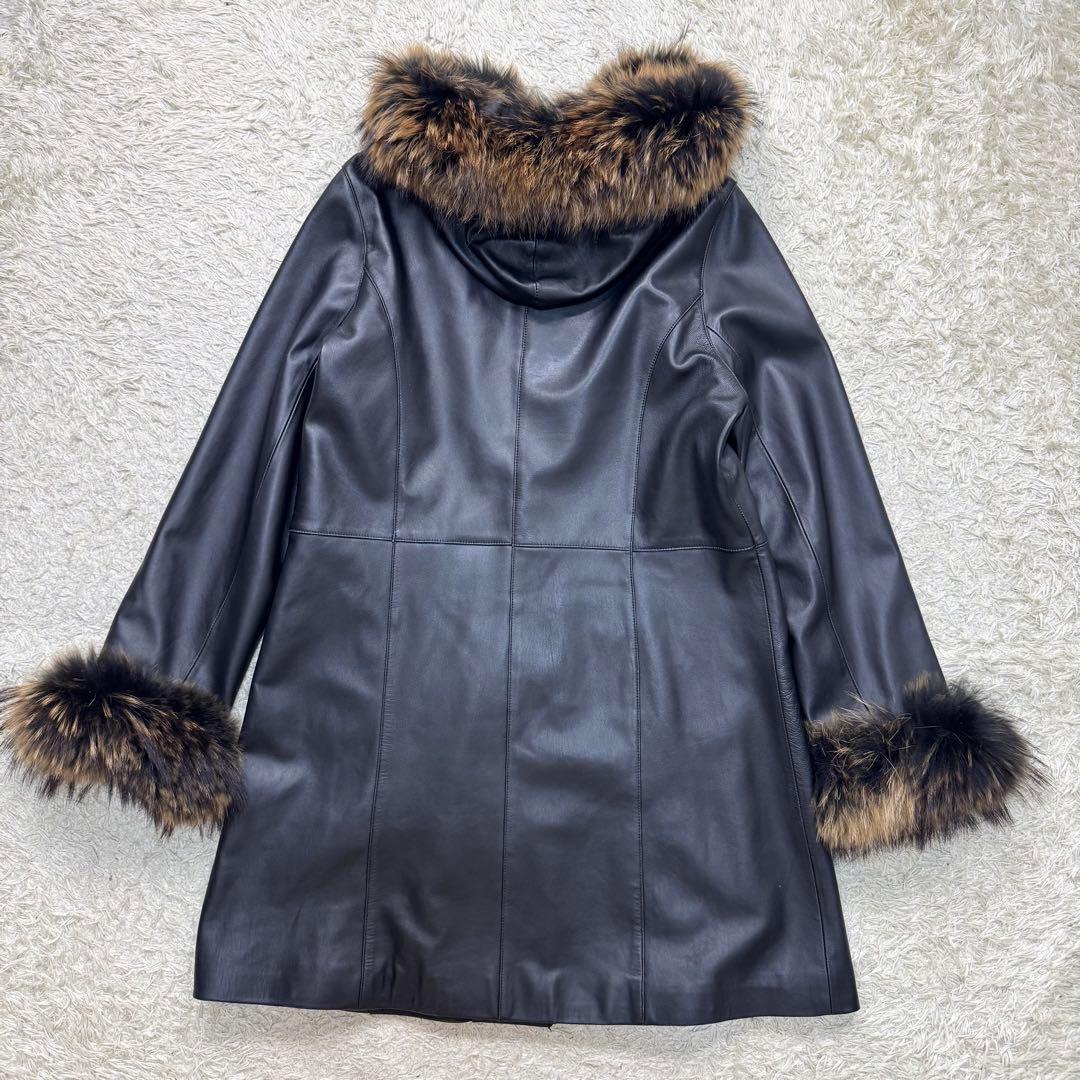 美品　バルマン　レザー　コート　ファー　フード　ラムレザー　羊革　ブラック　XL