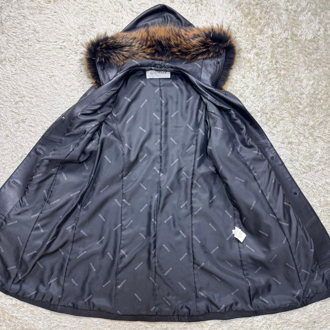 美品　バルマン　レザー　コート　ファー　フード　ラムレザー　羊革　ブラック　XL