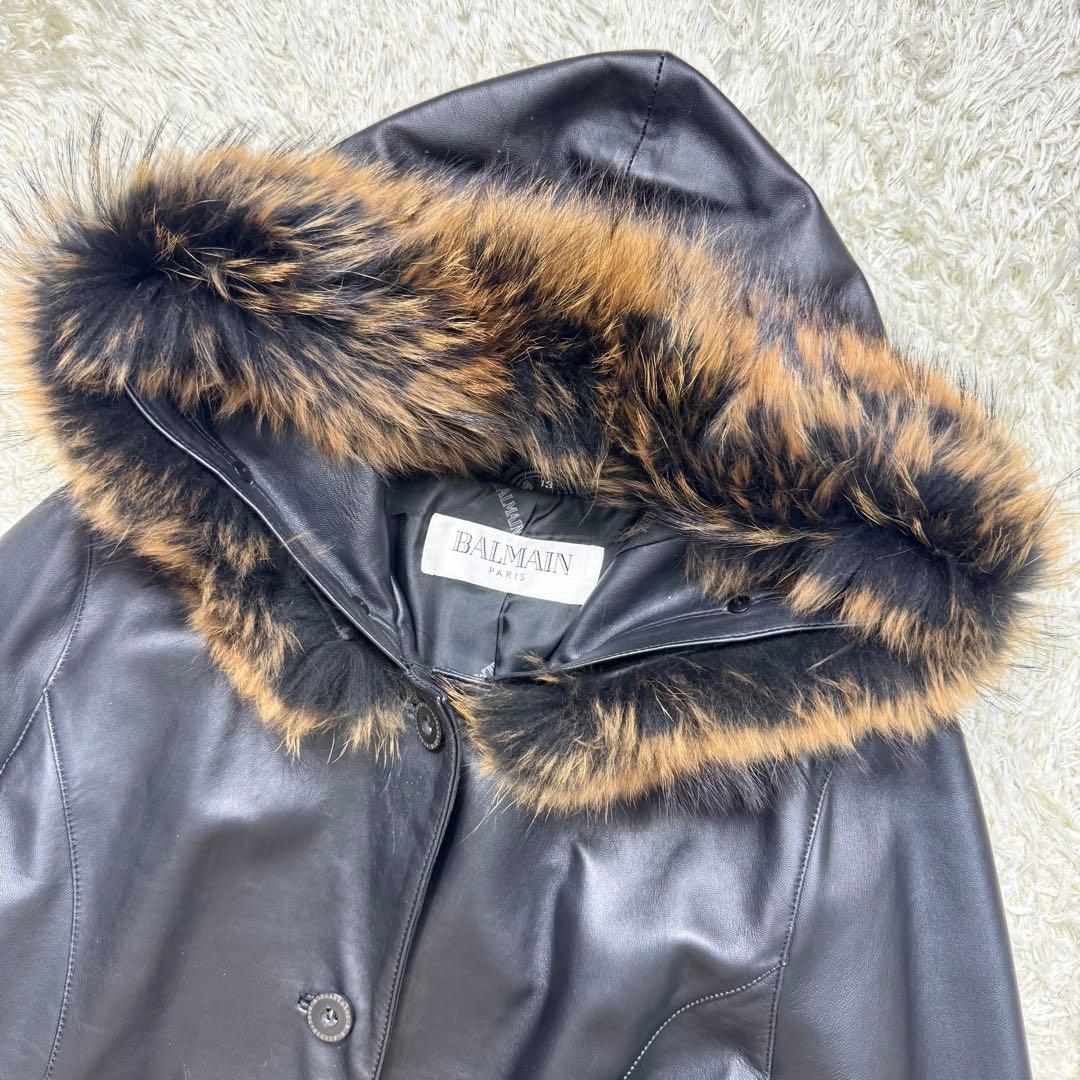美品　バルマン　レザー　コート　ファー　フード　ラムレザー　羊革　ブラック　XL