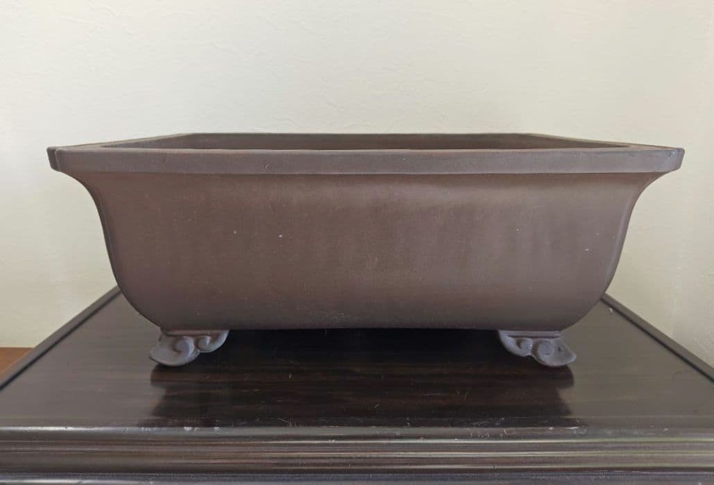 陶器製長方形盆栽鉢 ブラウン 約47cm×36cm×19.5cm　落款　太山