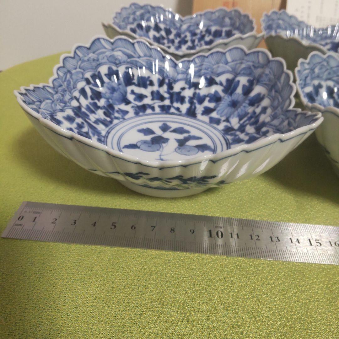 山本長左 九谷焼 向付 波文 唐草 鉢 5枚 箱付