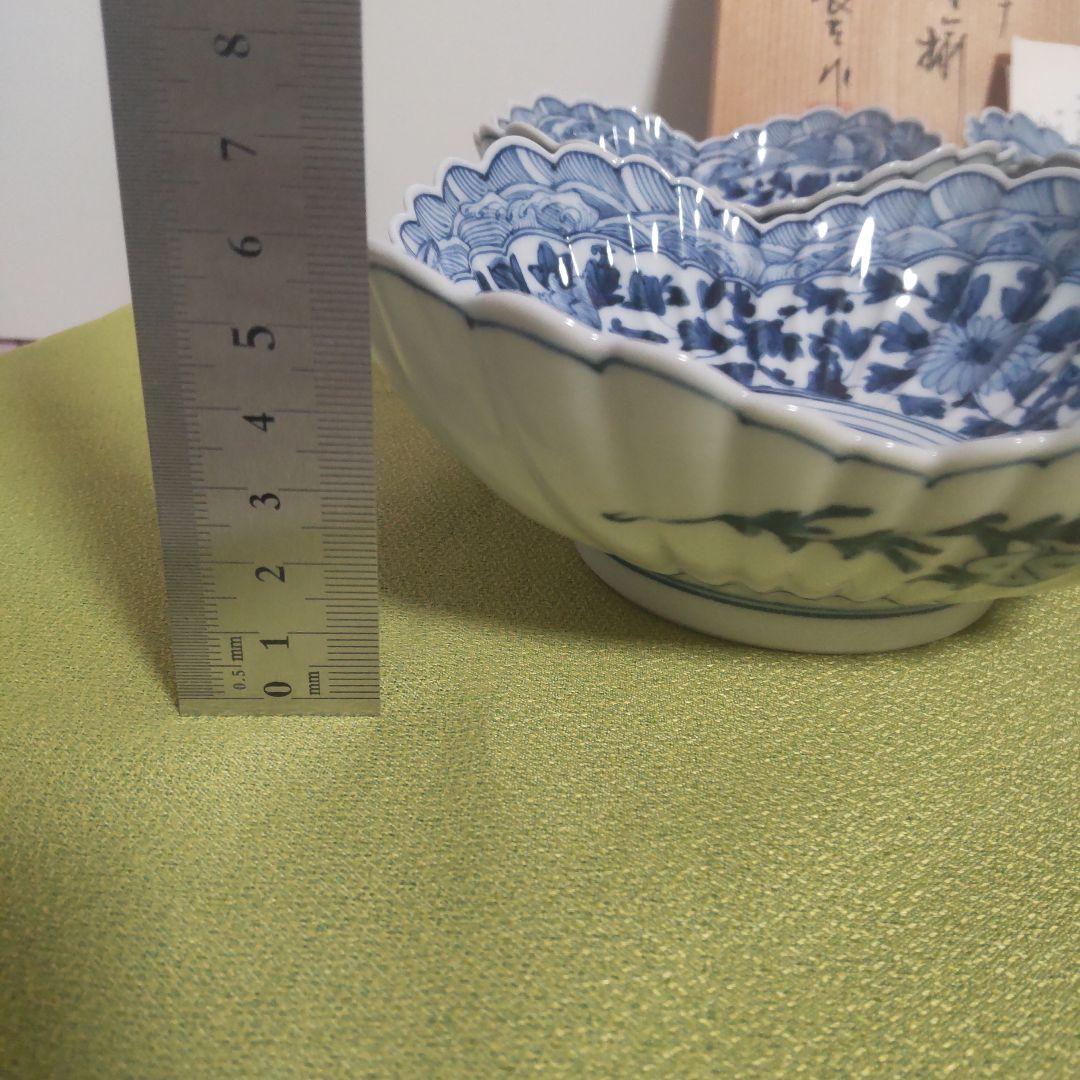 山本長左 九谷焼 向付 波文 唐草 鉢 5枚 箱付