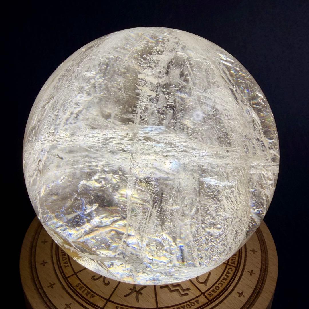 ◆約86mm 大玉！水晶スフィア 天然石鉱物スモーキークォーツ六条模様内包物