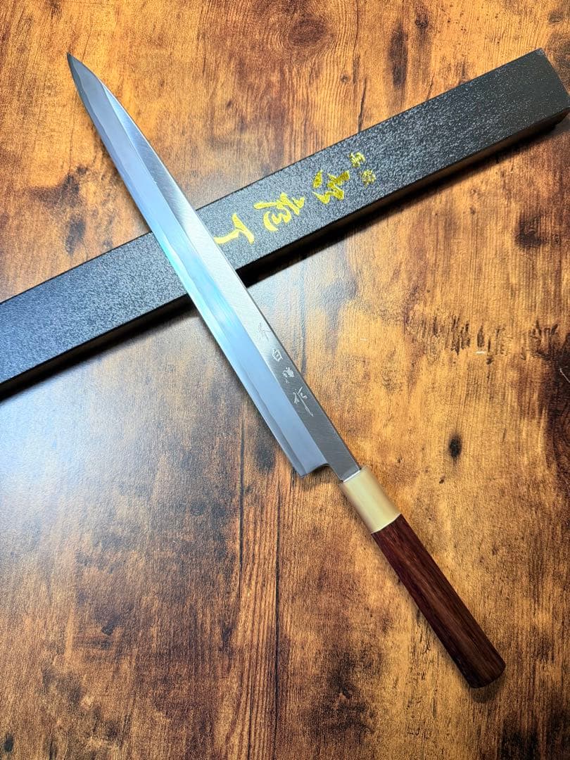 【堺打刃物】左用　刺身 柳刃 包丁　白鋼　尺一　紫檀水牛八角柄
