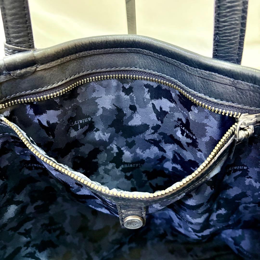 美品 aniary アニアリ トートバッグ シボ革 レザー ネイビー A4収納