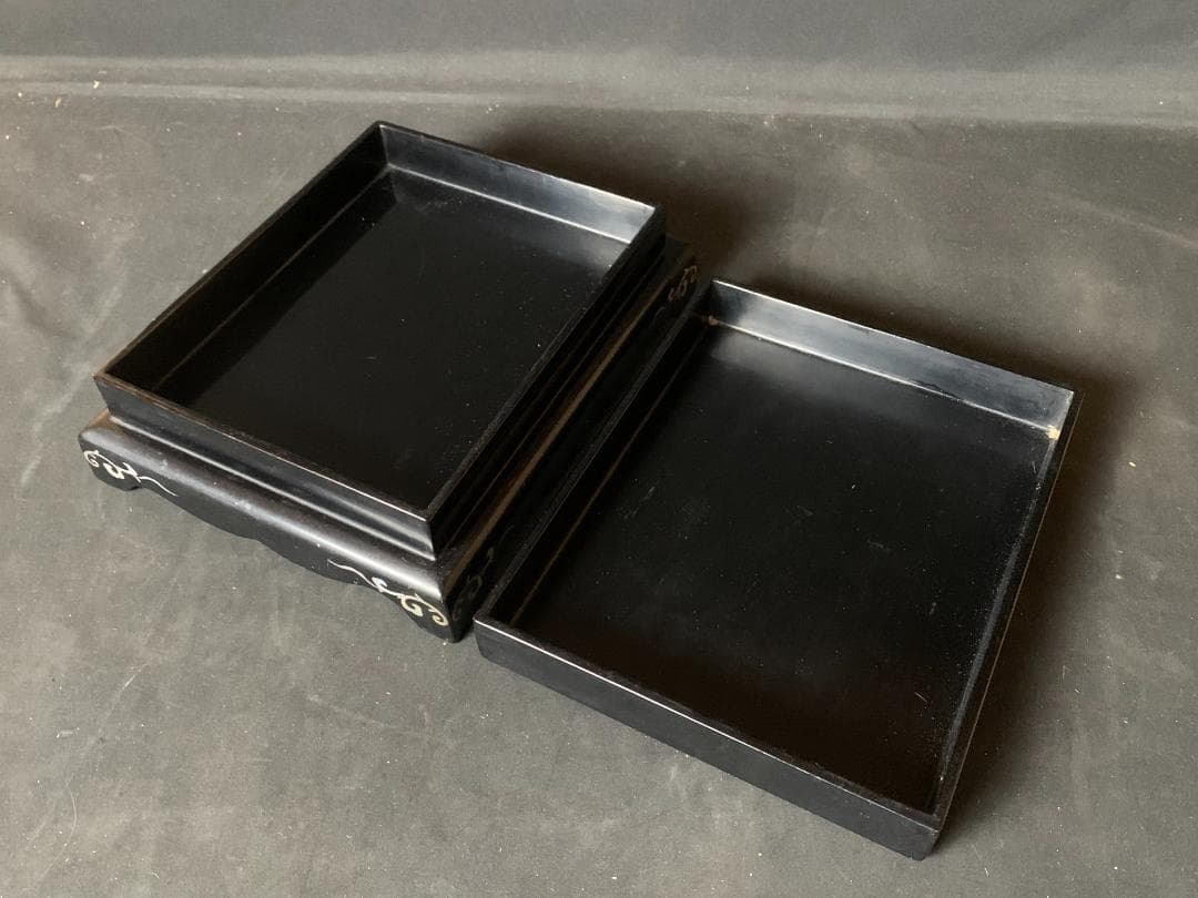 青貝 螺鈿細工 橋風景図 木製 黒塗 文庫 硯箱 書道具 866