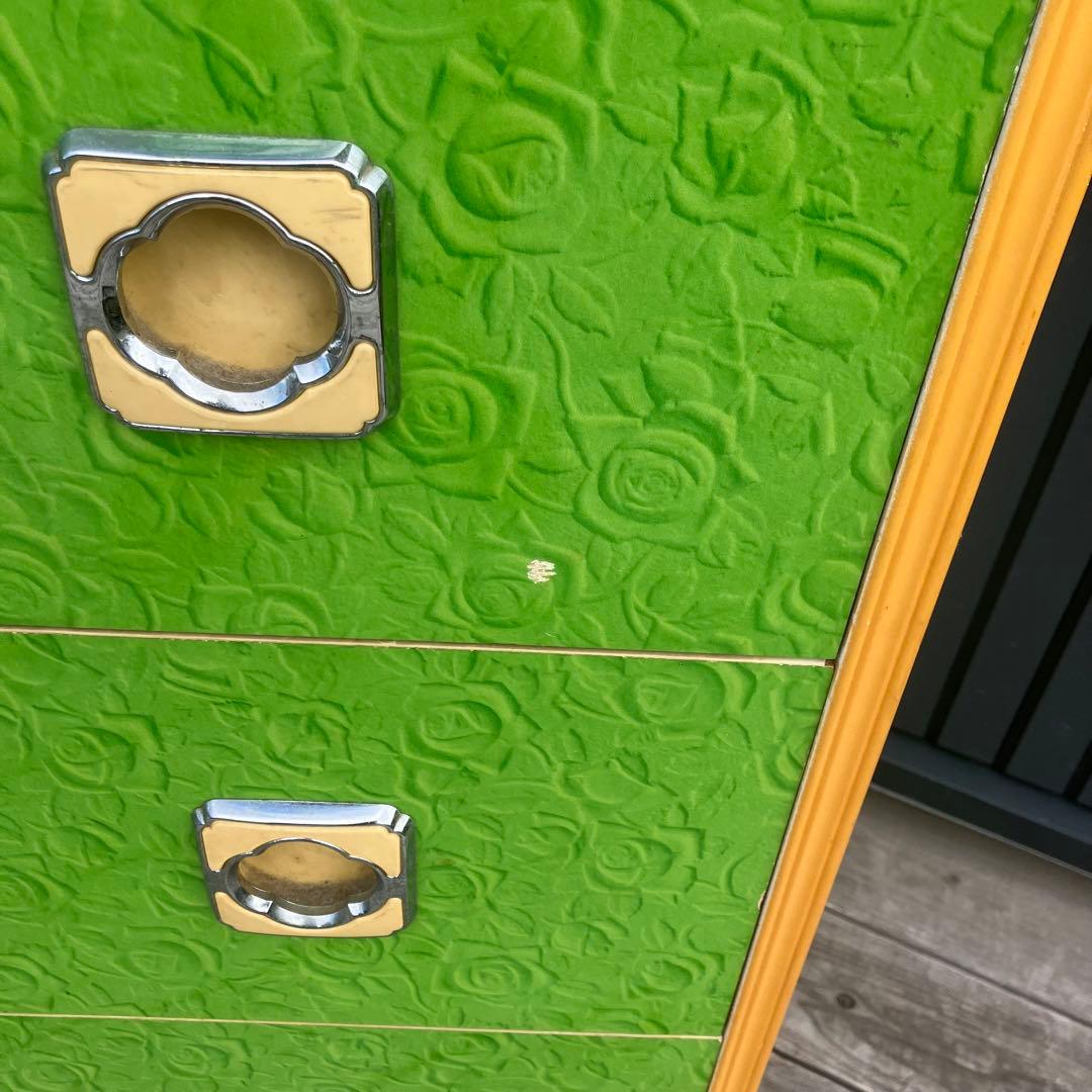 昭和レトロ 薔薇柄 花柄 木製チェスト 6段7杯 タンス 古家具 ビンテージ 緑