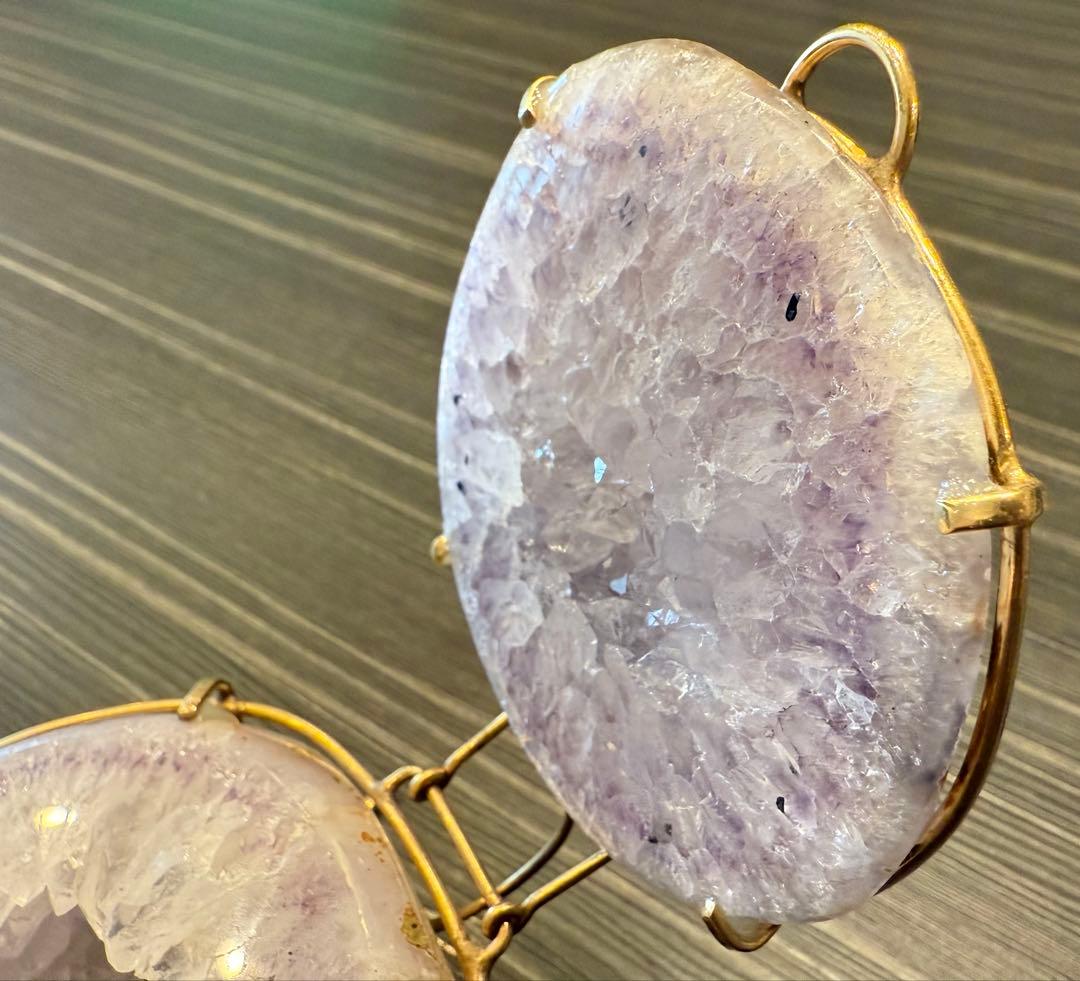 トレジャーメノウ アメジスト 台座付き ペア 蓋付き ジオード 瑪瑙 天然石