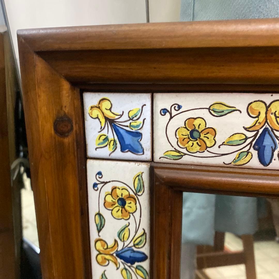 N スペイン製　アンティーク　壁掛けミラー　鏡　タイル張り　送料込み