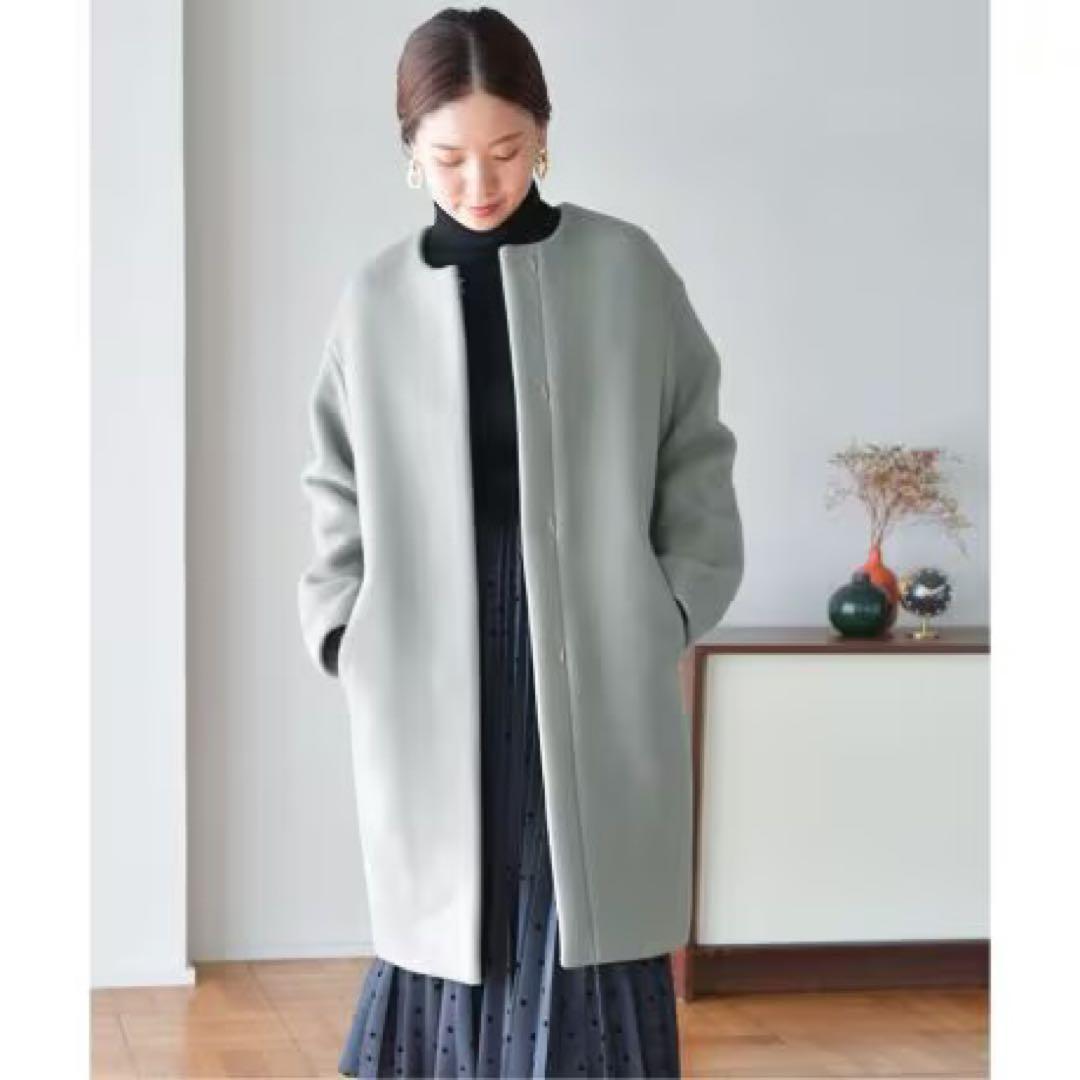 IENA イエナ ラムウールノーカラーコート 34 サックスブルー