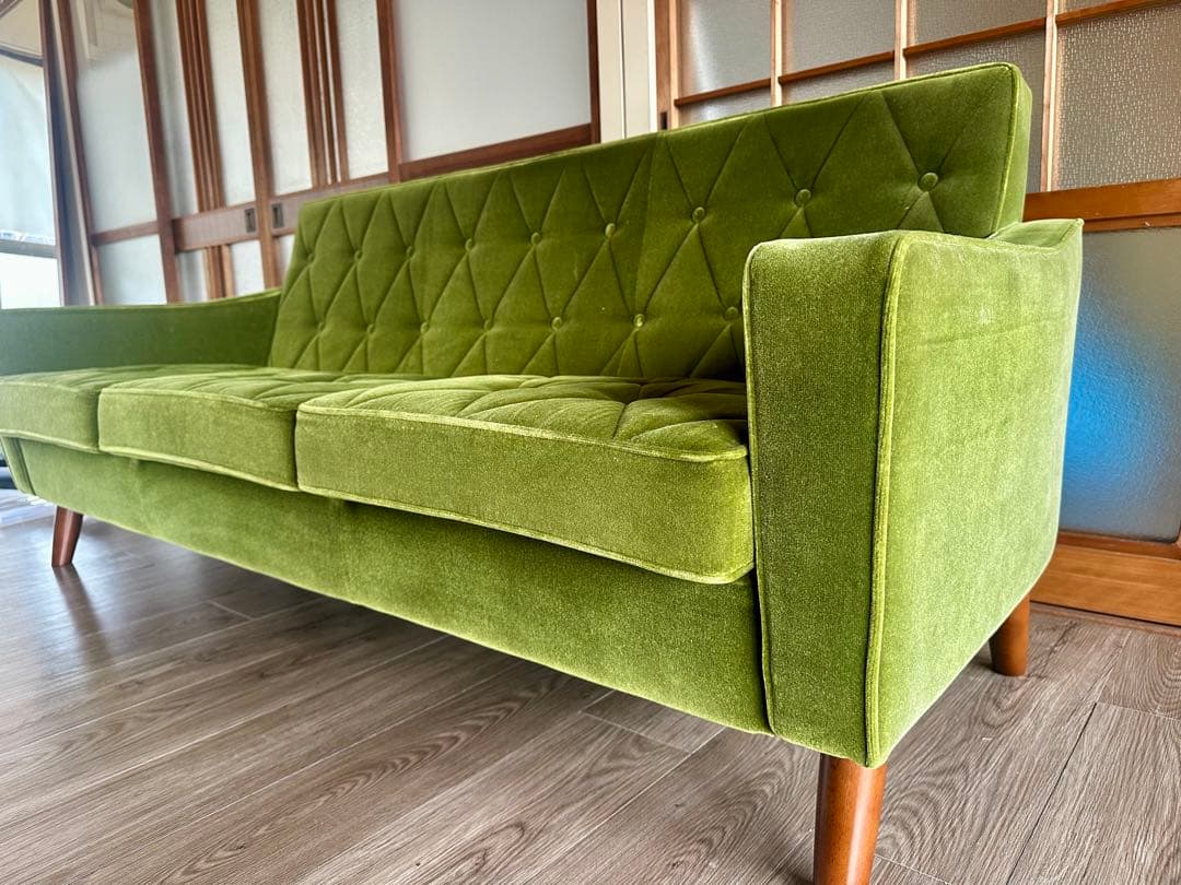 【カリモク】グリーン・ベルベット 3人掛けソファ