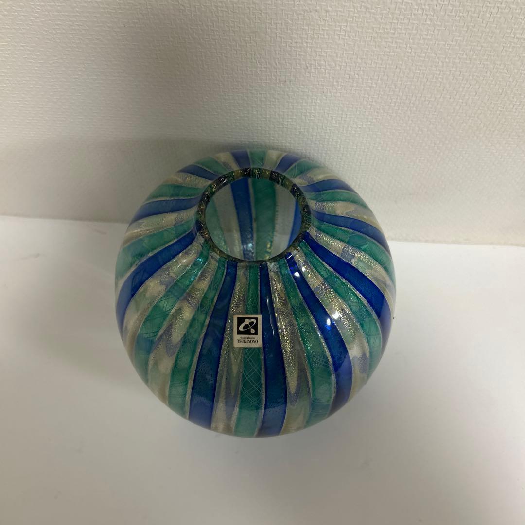 月夜野工房　TSUKIYONOガラス製花瓶　レース　ストライプ　金彩　吹きガラス