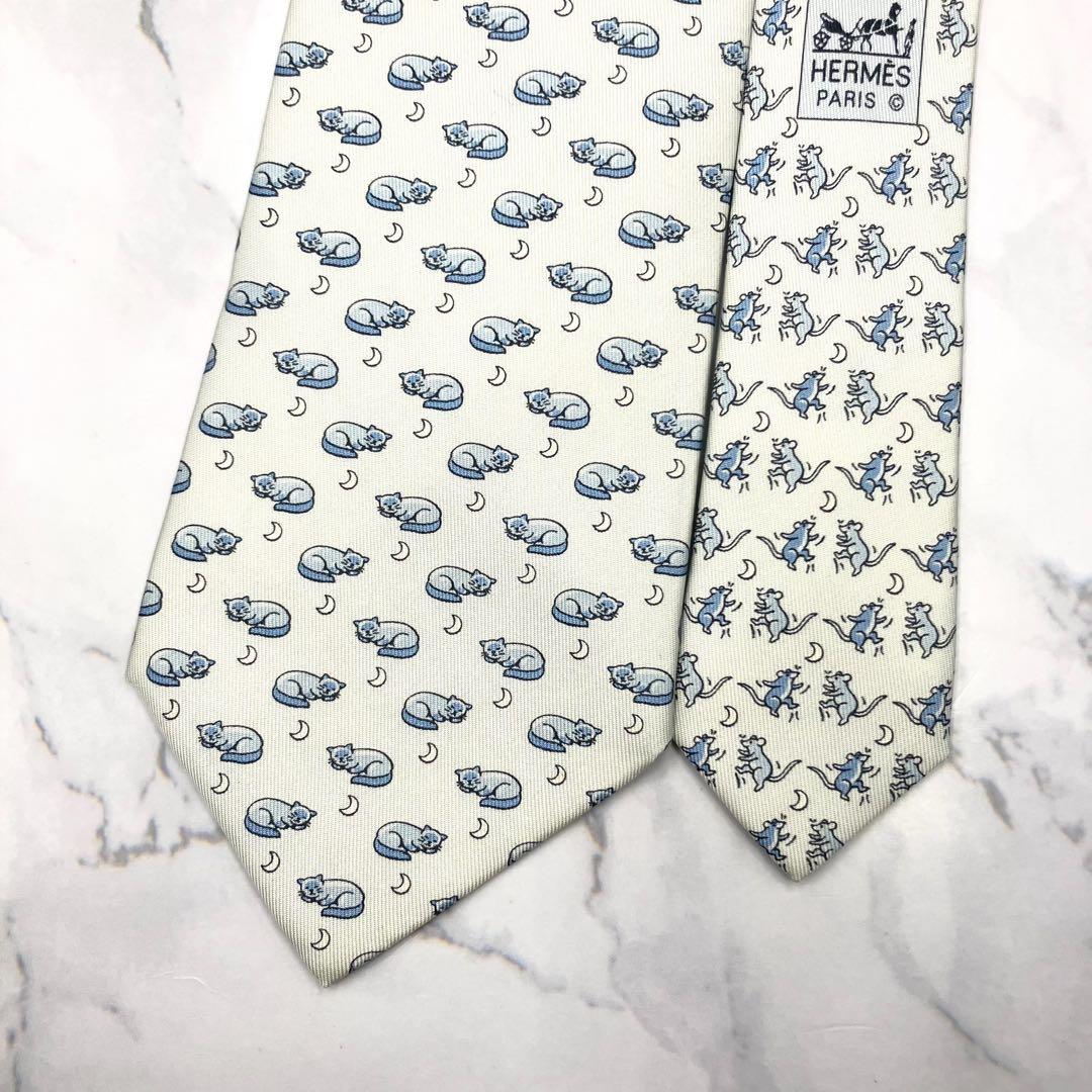 ◆美品◆HERMES エルメス ネクタイ 水色 猫とネズミ オシャレ