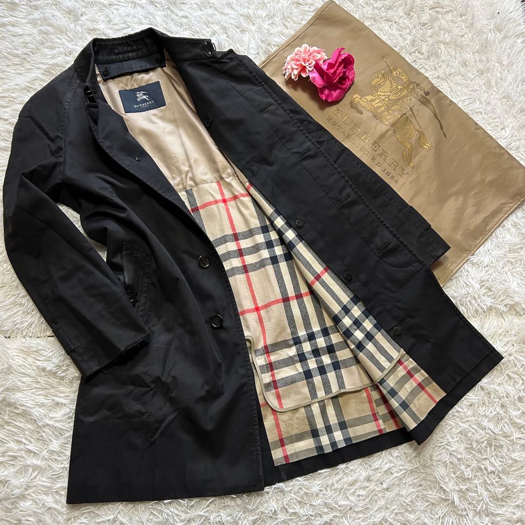 【】バーバリーロンドン ステンカラーコート 黒 ノバチェック ライナー