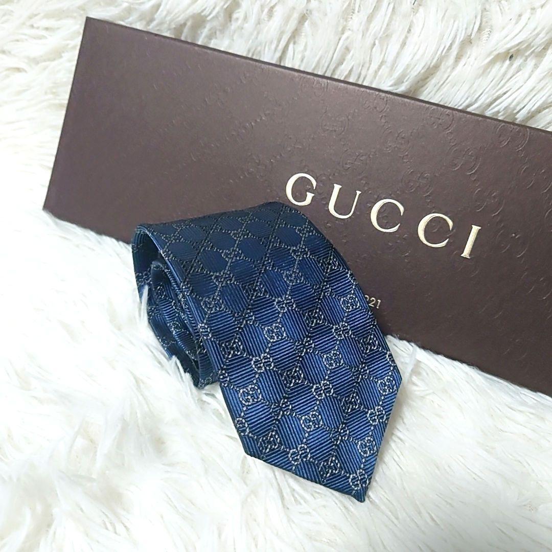 美品 希少 細身 ✨️ GUCCI ネクタイ GG柄✕幾何学模様 ネイビー