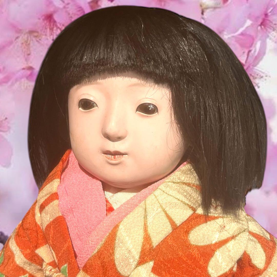 市松人形 石黒人形店 大正 ガラス目 3つ折れ 抱き人形 縮緬着物 1912年~