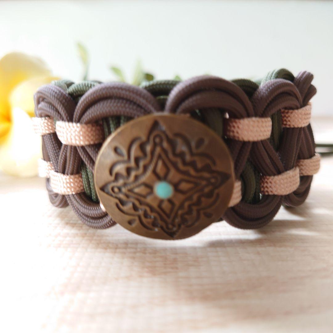 パラコード首輪　ハーフチョーク　秋カラー　オリーブ＆ブラウン　コンチョ付№101