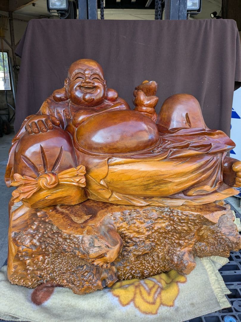 薔薇　木彫り　一刀彫り　布袋　台付き