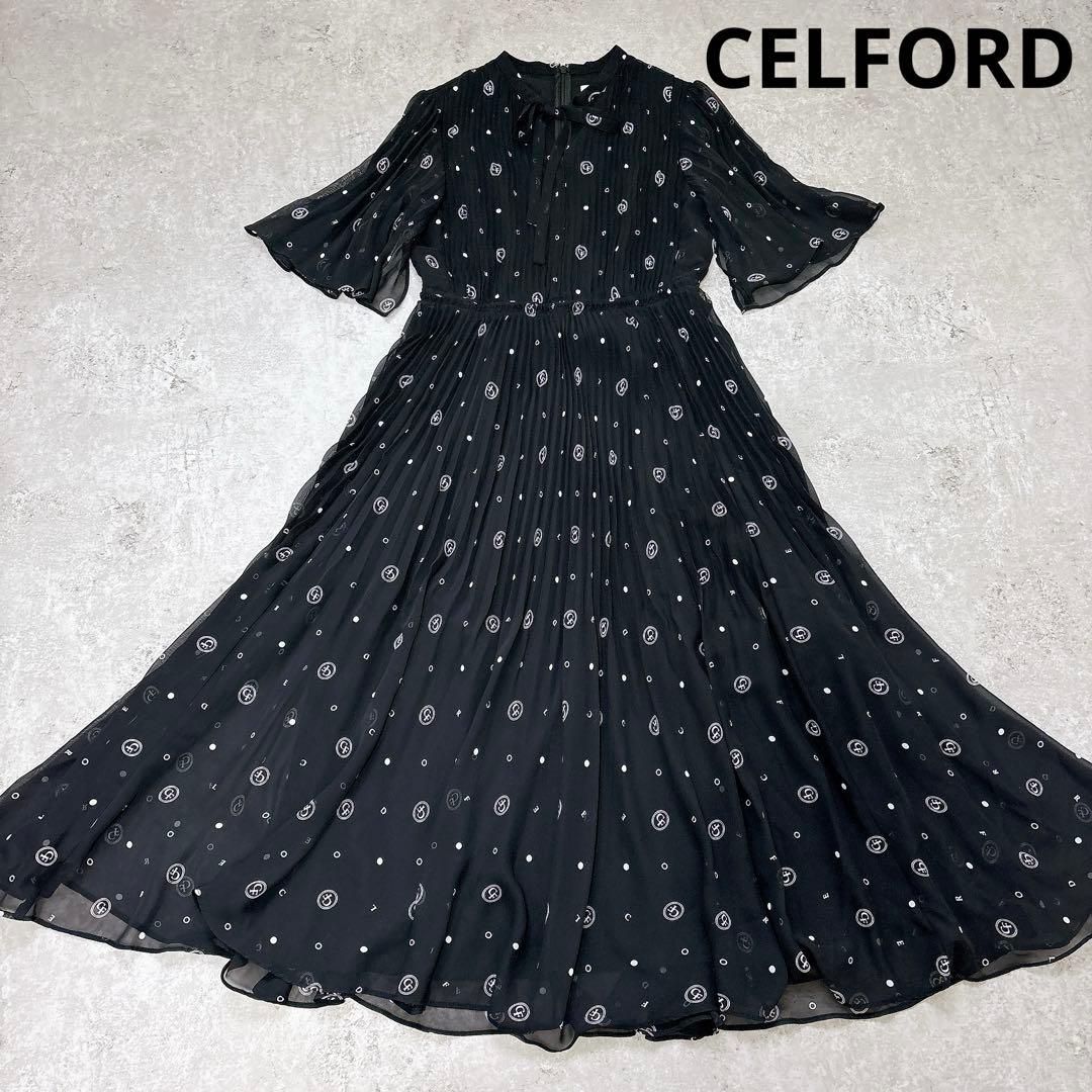 極美品✨セルフォード　ボウタイプリーツワンピース　ロゴ入り　フレア　Aライン