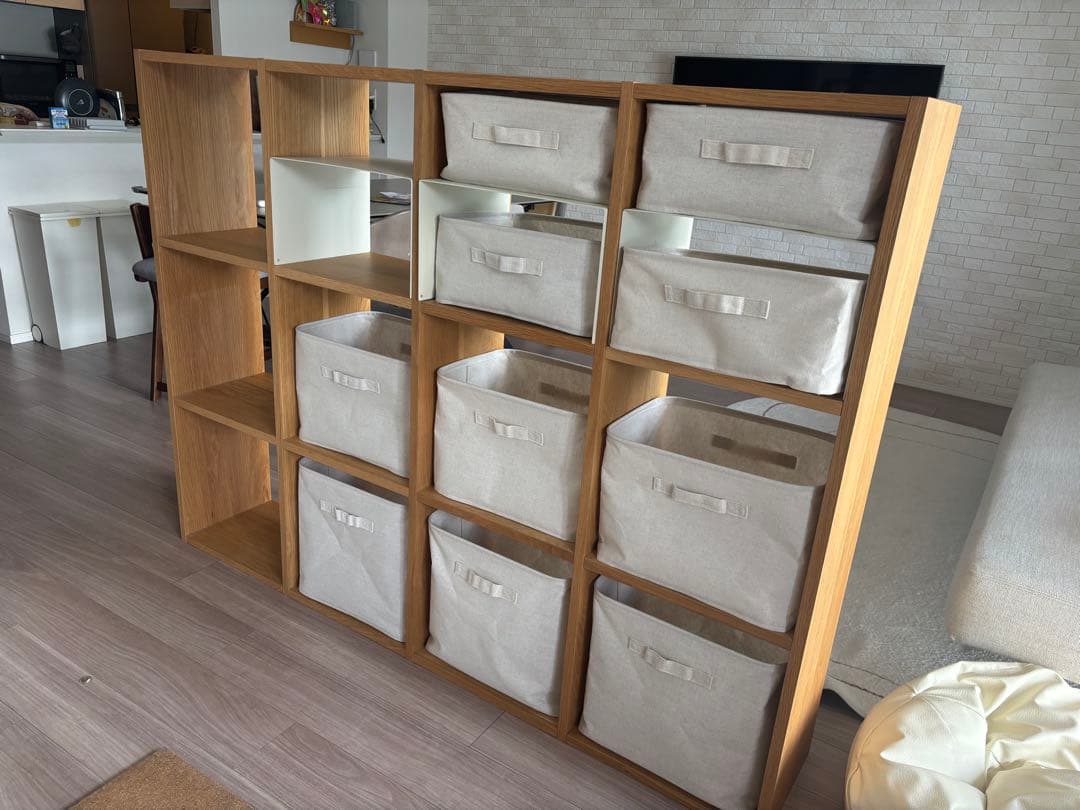 無印良品　スタッキングシェルフ　オーク材　３段４列　この字棚・収納ボックス付き