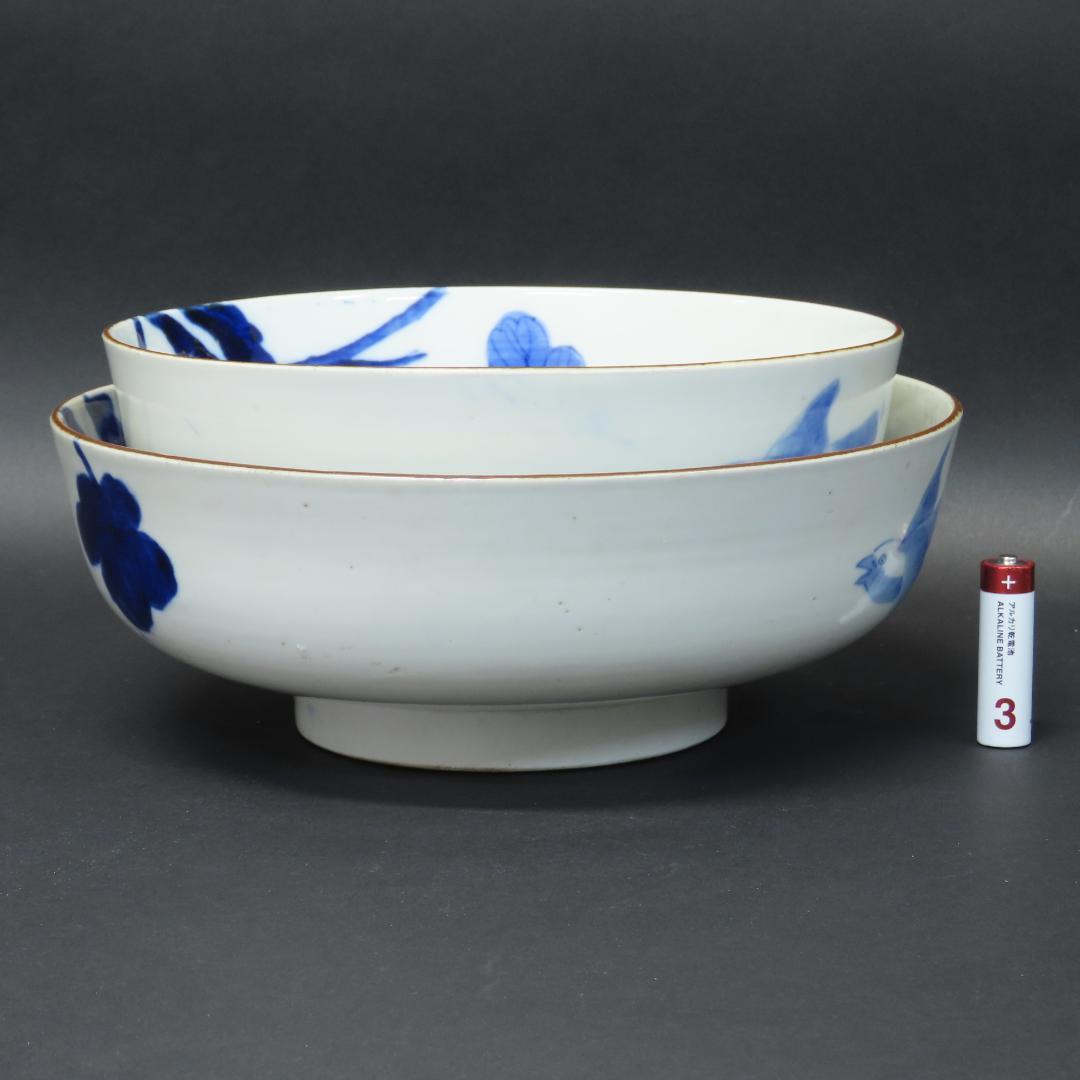 ⭕412 古伊万里 染付 大小平鉢 二ツ鉢 花鳥文 明治時代