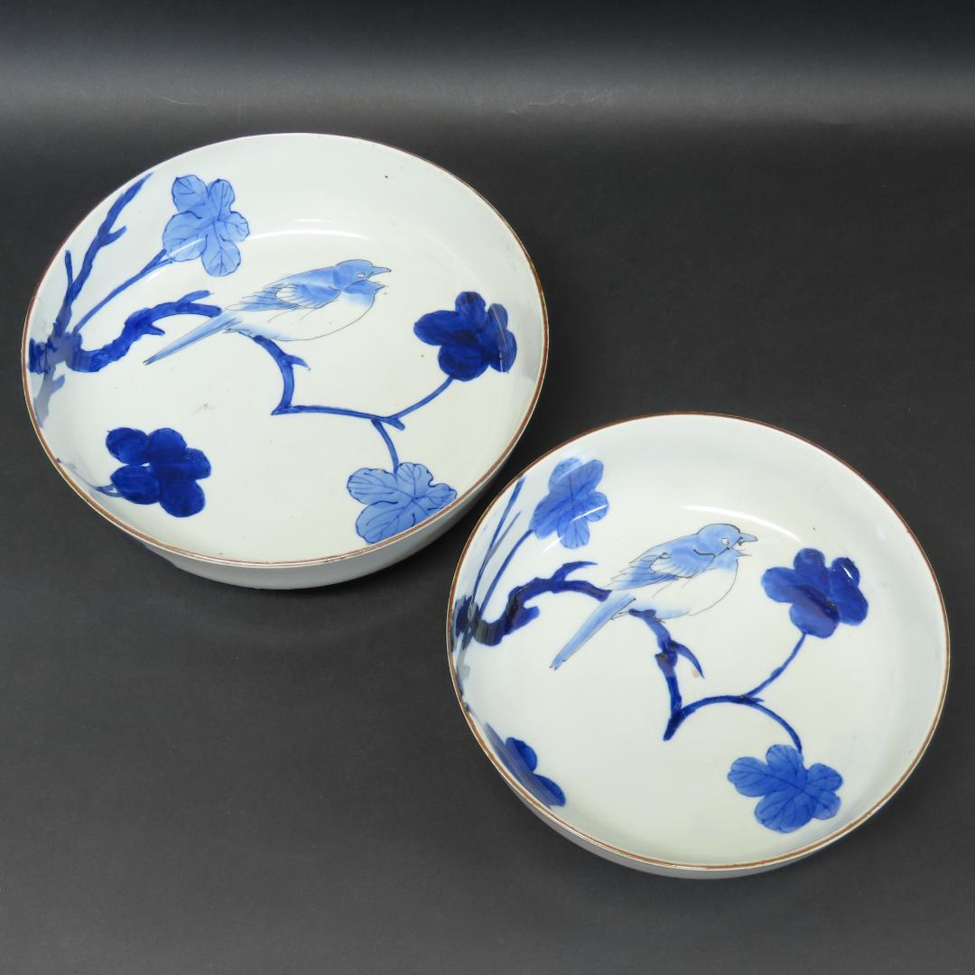 ⭕412 古伊万里 染付 大小平鉢 二ツ鉢 花鳥文 明治時代