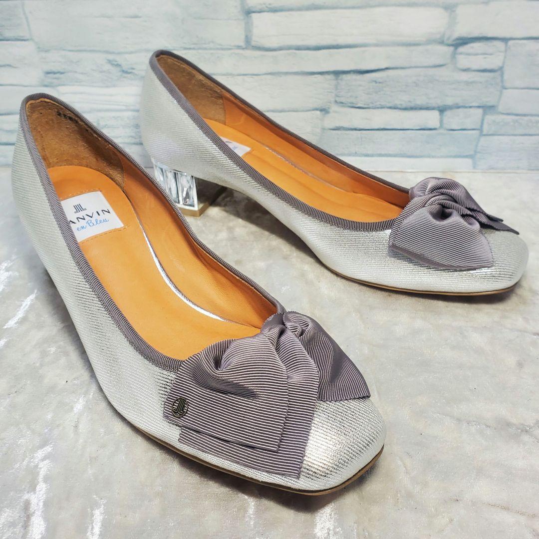 【未使用級】✨LANVIN 23.5cm ビジューヒールリボンパンプス シルバー