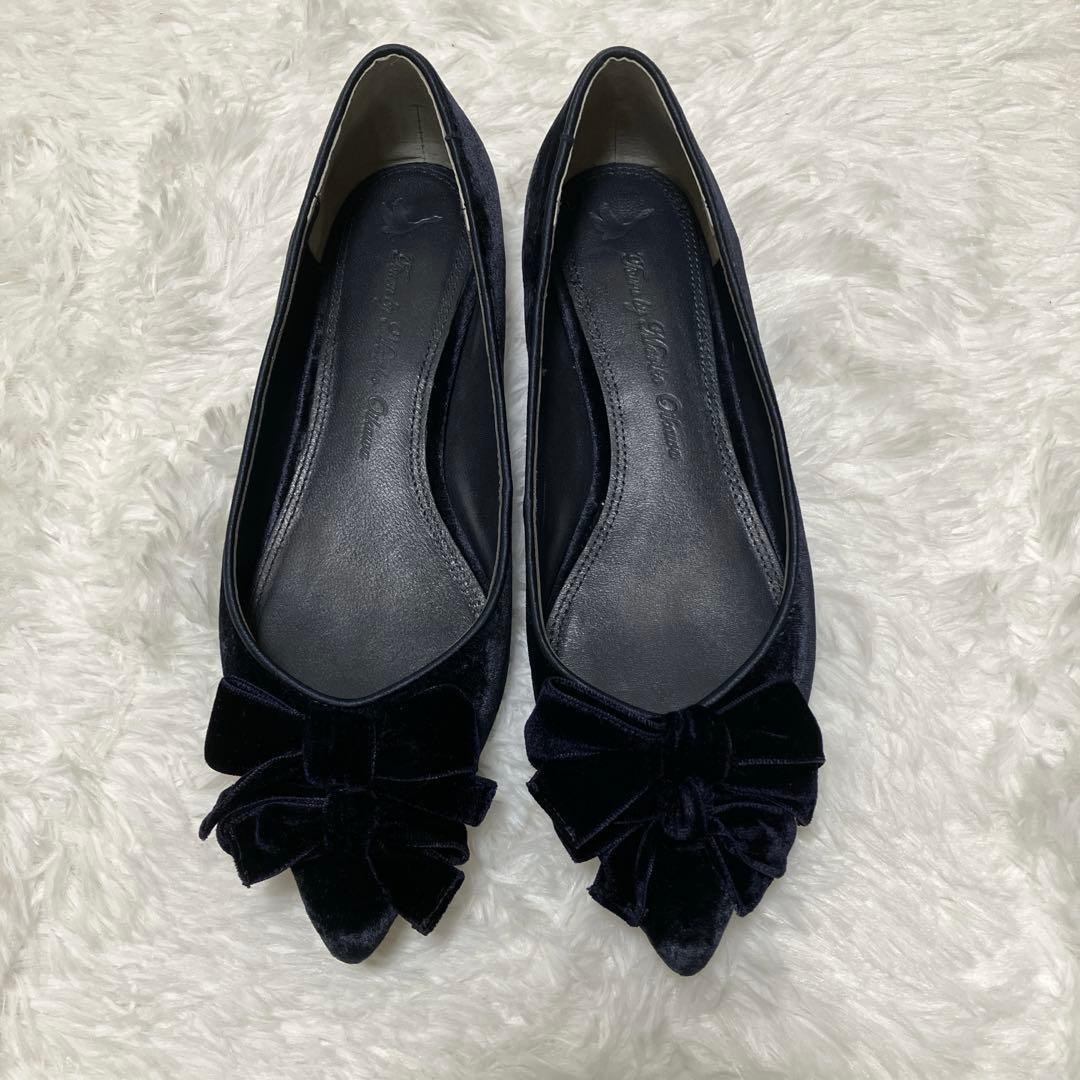 極美品 ツルバイマリコオイカワ ベロア ダブル リボン フラットパンプス 39