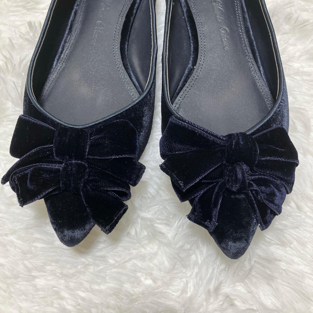極美品 ツルバイマリコオイカワ ベロア ダブル リボン フラットパンプス 39