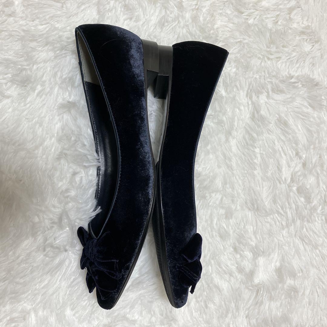 極美品 ツルバイマリコオイカワ ベロア ダブル リボン フラットパンプス 39