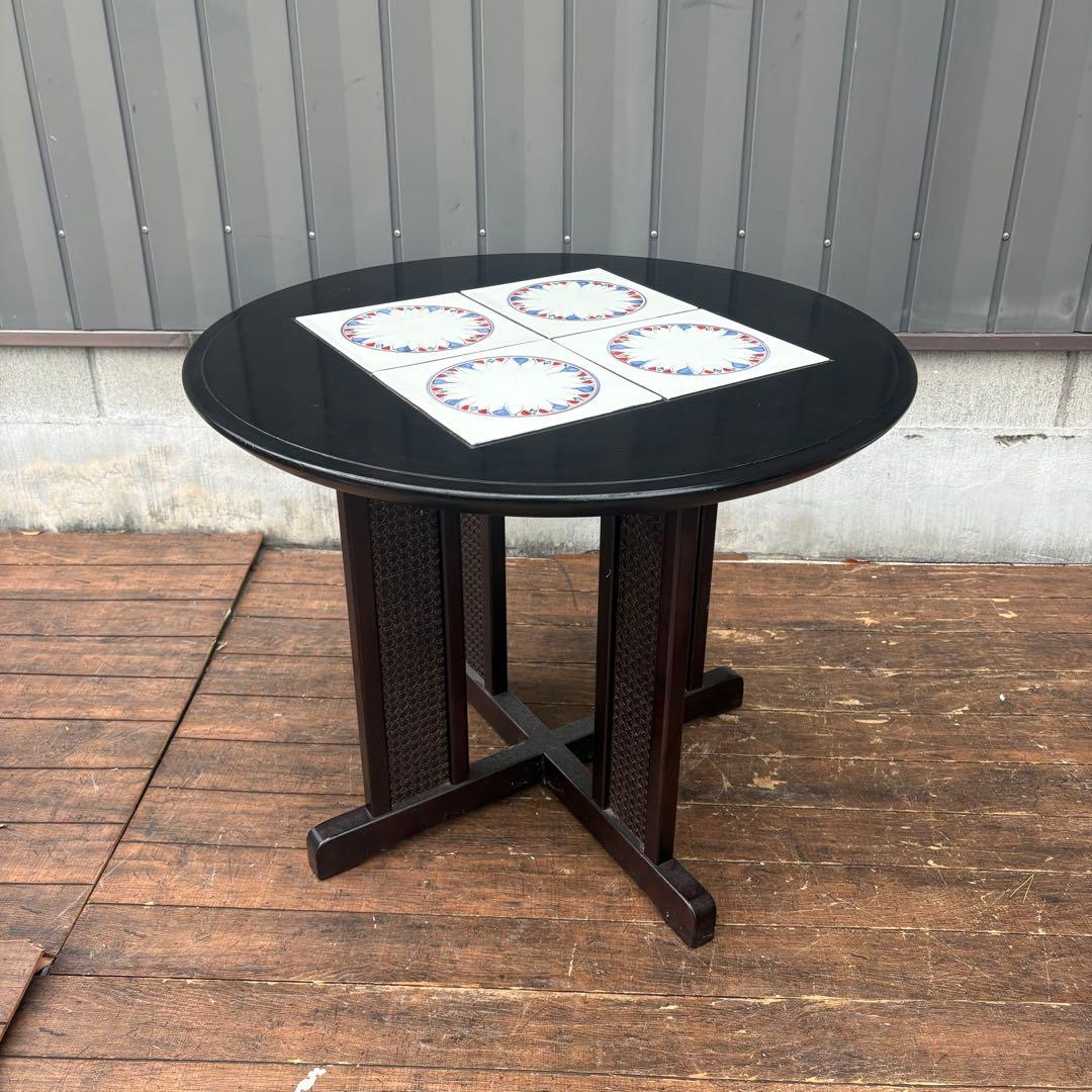 森繁 MORISHIGE タイル張り 木製ラウンドセンターテーブル 丸テーブル