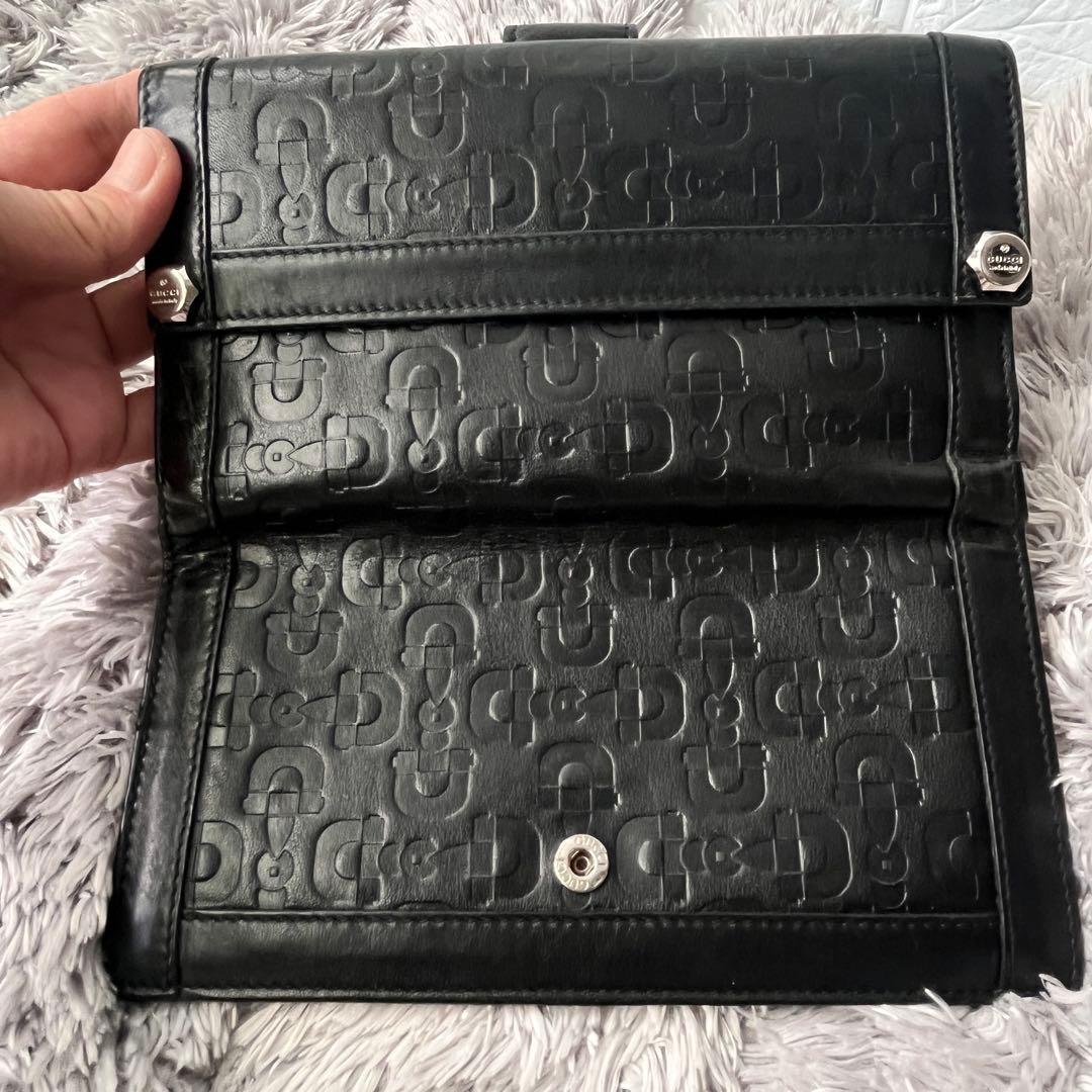 美品✨GUCCI ホースビット柄　レザー　Wホック ブラック　ロゴ金具　メンズ
