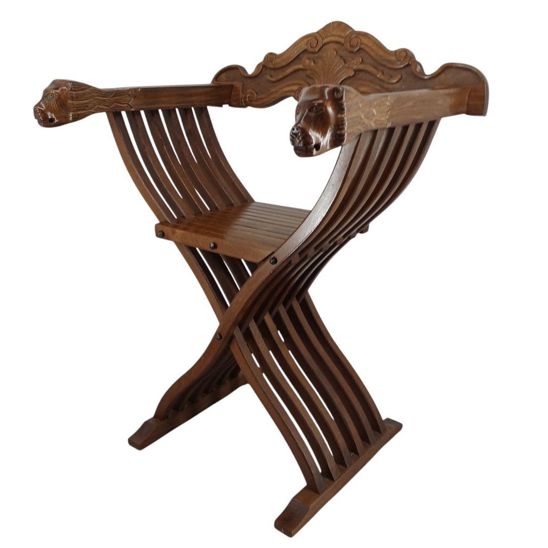 送料込み②アンティーク【ライオン頭部装飾の木製折りたたみ椅子】ヴィンテージ