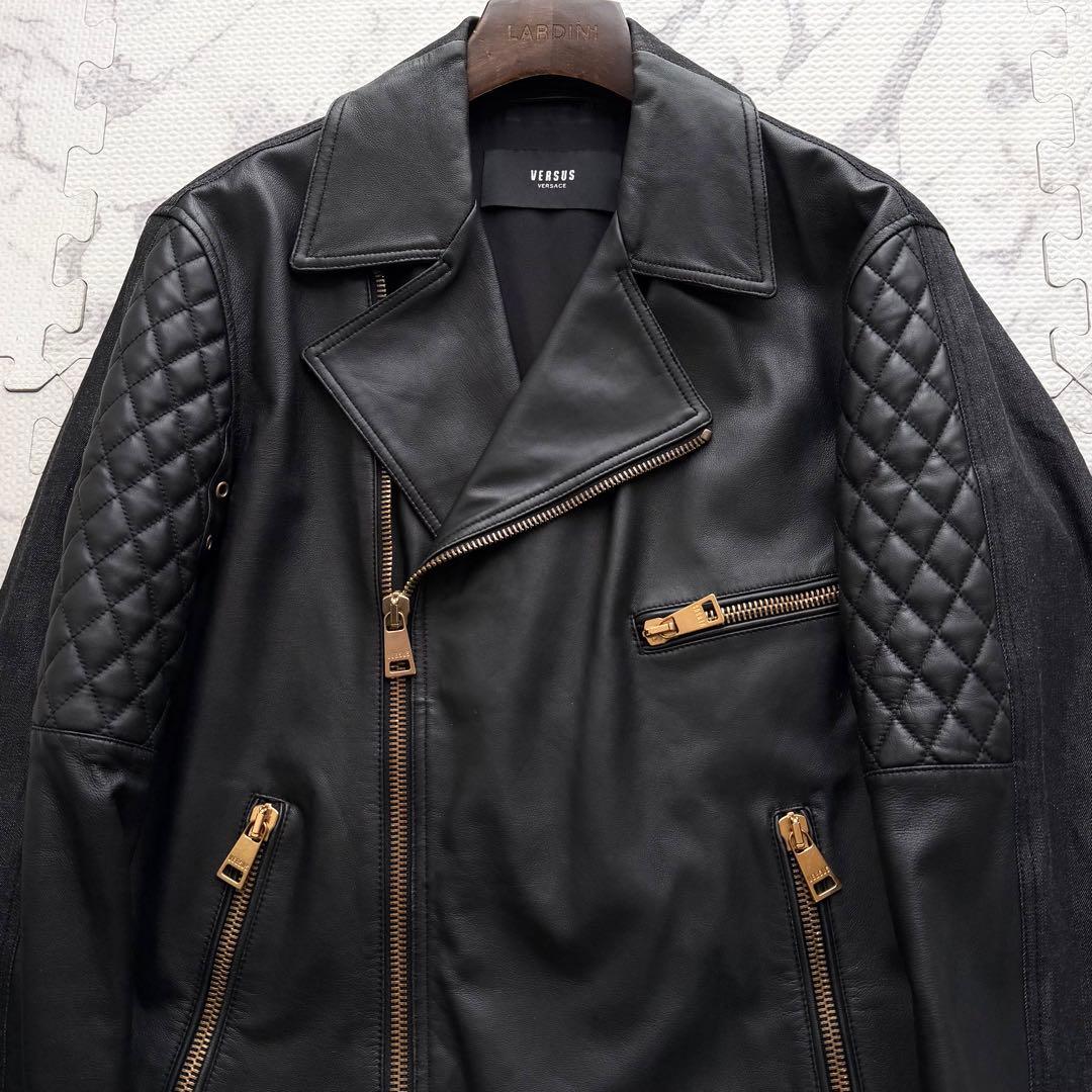 極美品✨ヴェルサーチ ダブルライダースジャケット ラムレザー デニム切替 46