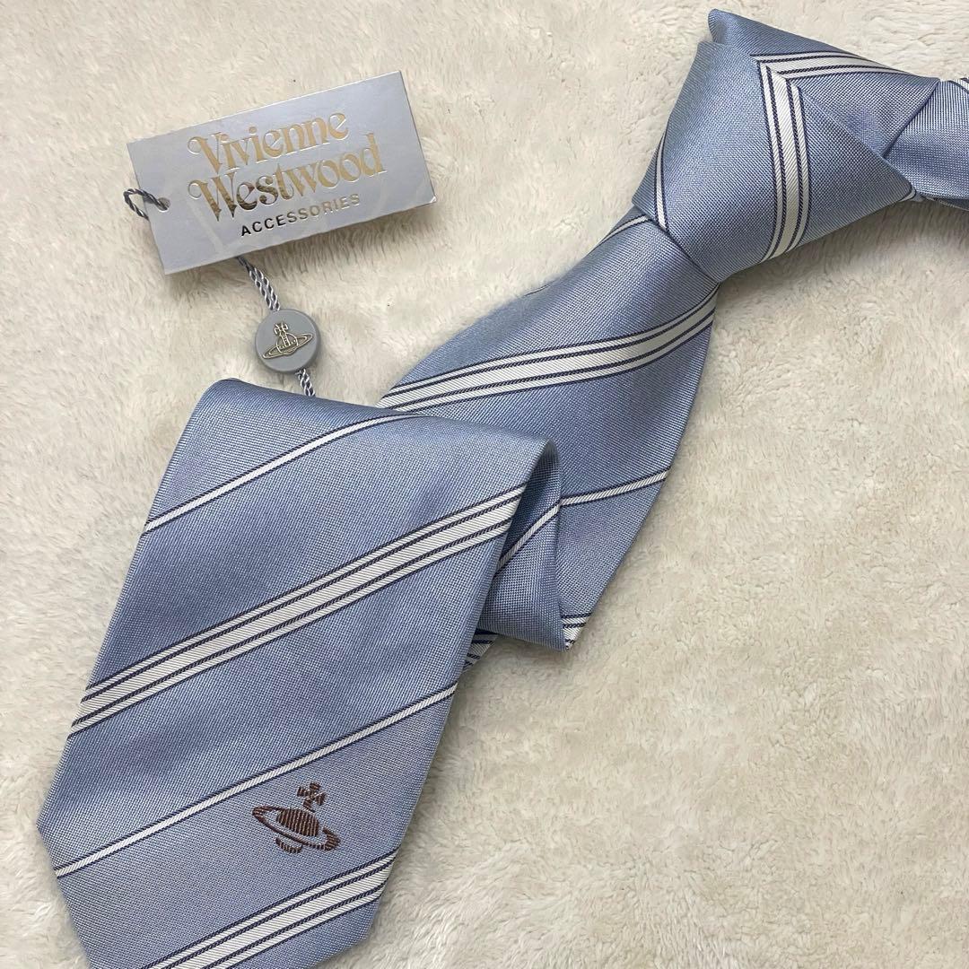未使用タグ付　ヴィヴィアンウエストウッド　ネクタイ　青白　オーブ柄　ストライプ