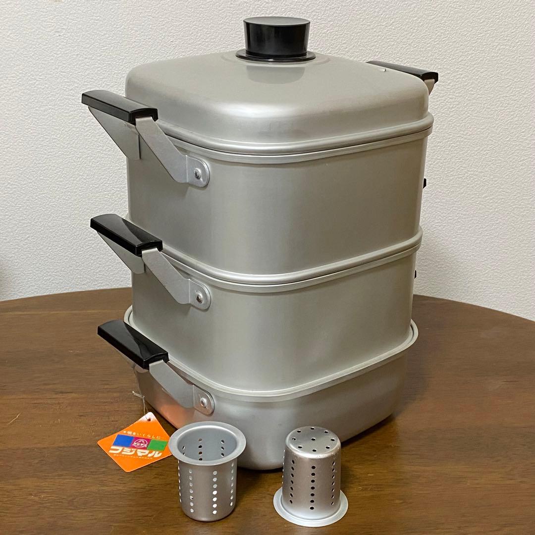 フジマル　二重角蒸器　内径22cm高さ11cmの二段【新品　未使用　昭和レトロ】