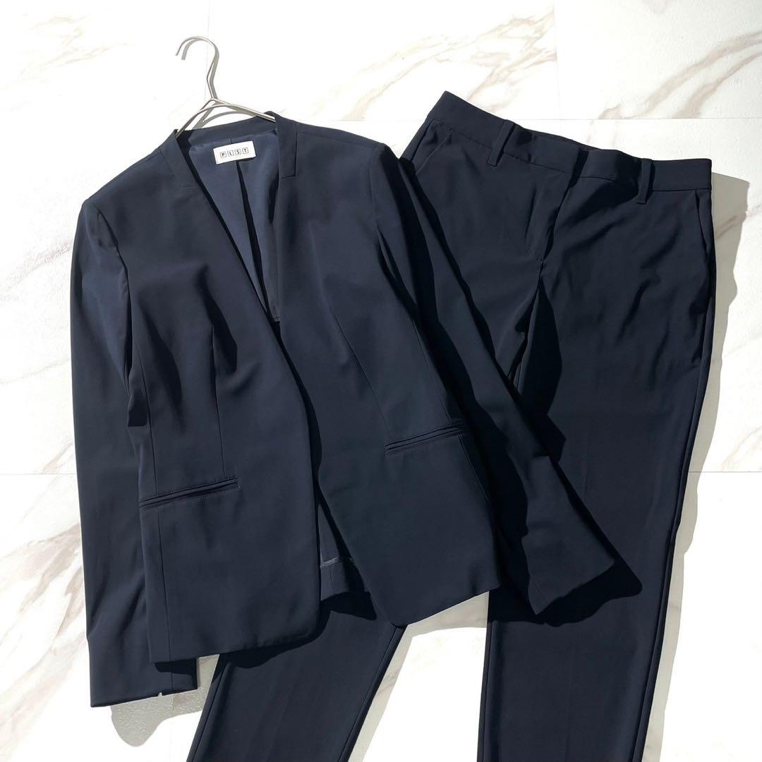 美品✨ PLST プラステ セットアップ ノーカラー パンツスーツ ネイビー