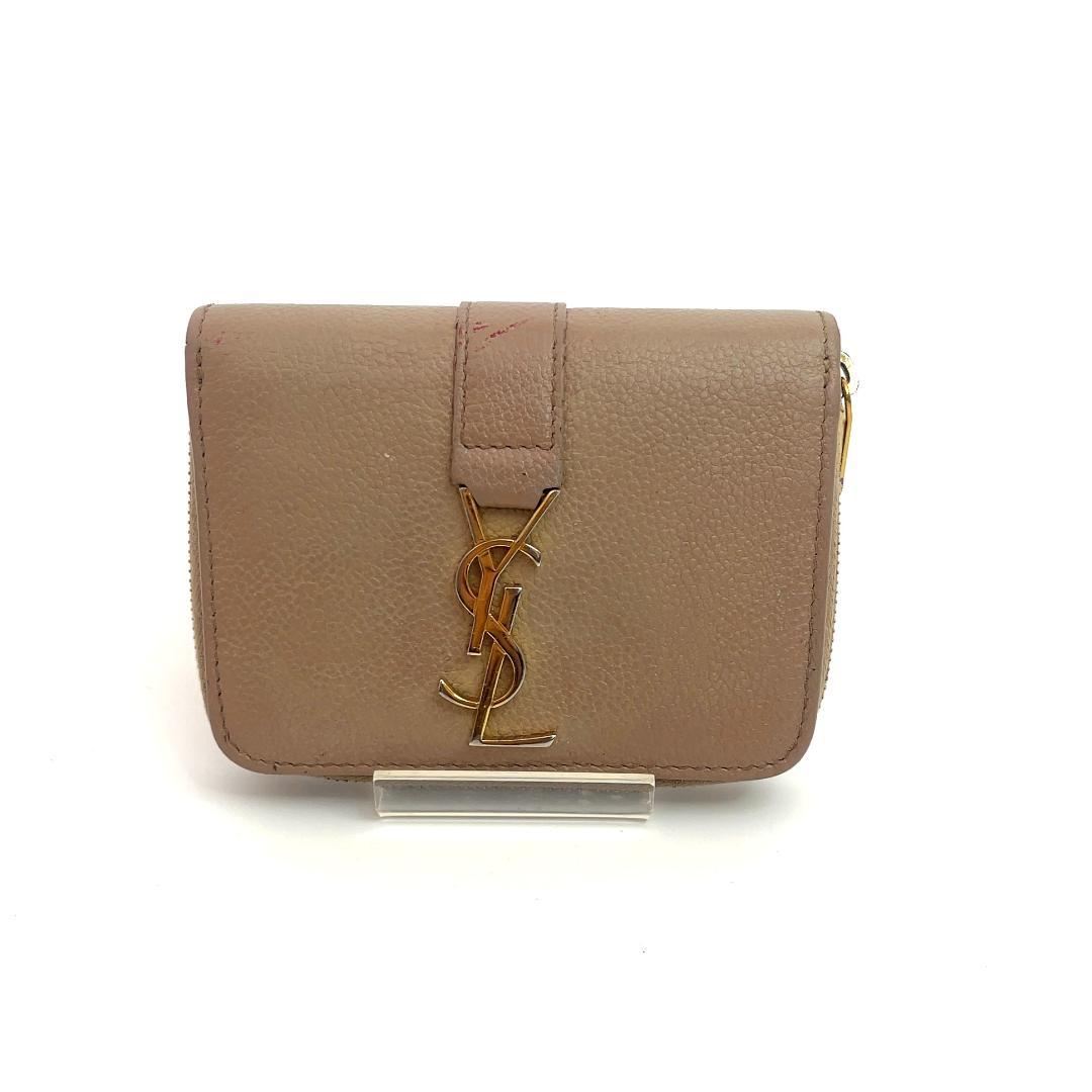 YSL イヴ・サンローラン ベージュ レザー 二つ折り財布 ラウンドジップ