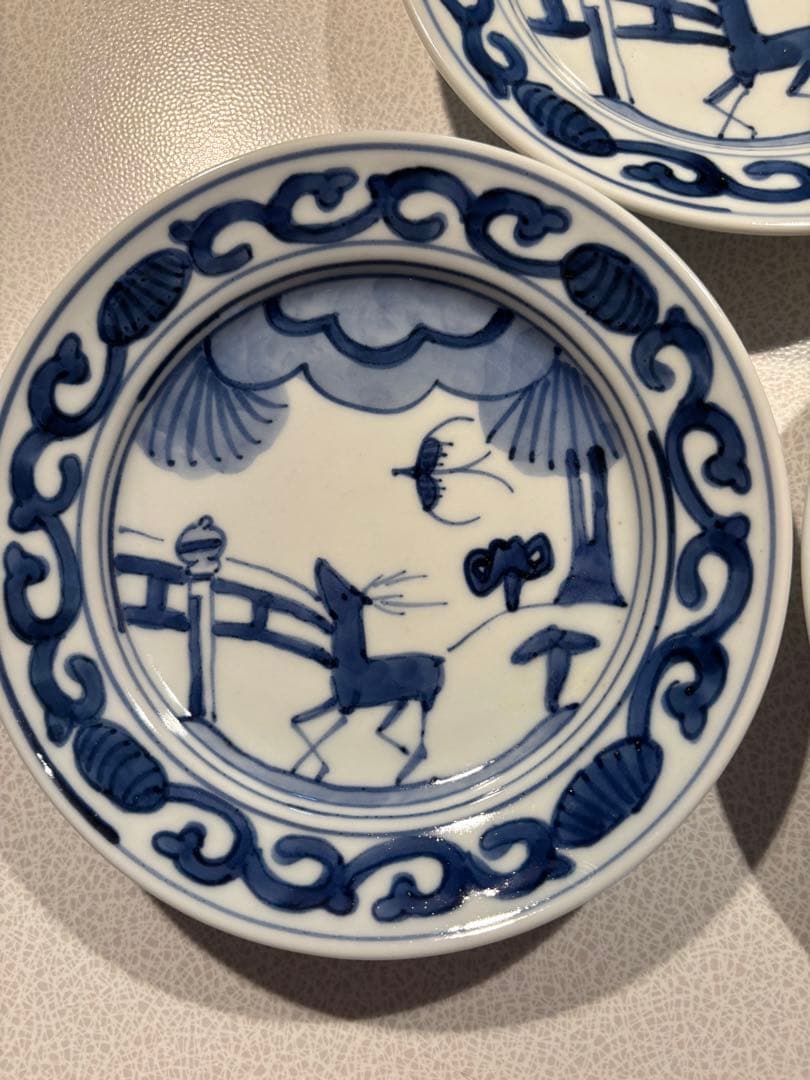 樋山真弓⭐️ 五寸皿（染付鹿文）　九谷焼　作家⭐️3枚