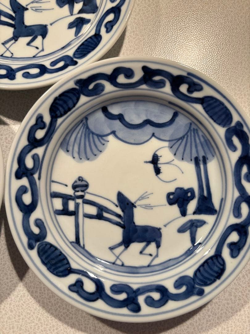 樋山真弓⭐️ 五寸皿（染付鹿文）　九谷焼　作家⭐️3枚