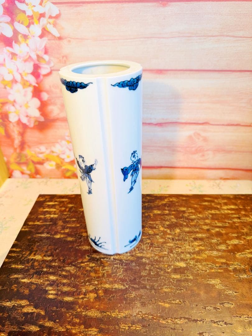 希少! 幻の日陶 製染付中国唐子文様筒形花瓶【 日陶 】在銘有り ★ 昭和前期