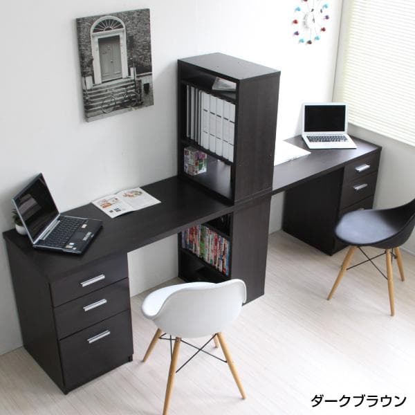 《新品・送料無料》学習机 ツインデスク 書棚付きラック ３段チェスト ブラウン