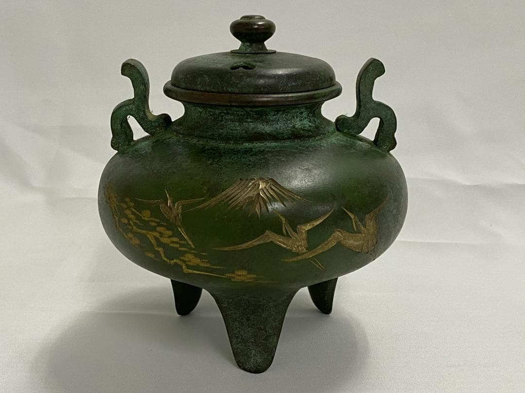 富士　鶴　松　青銅　香炉