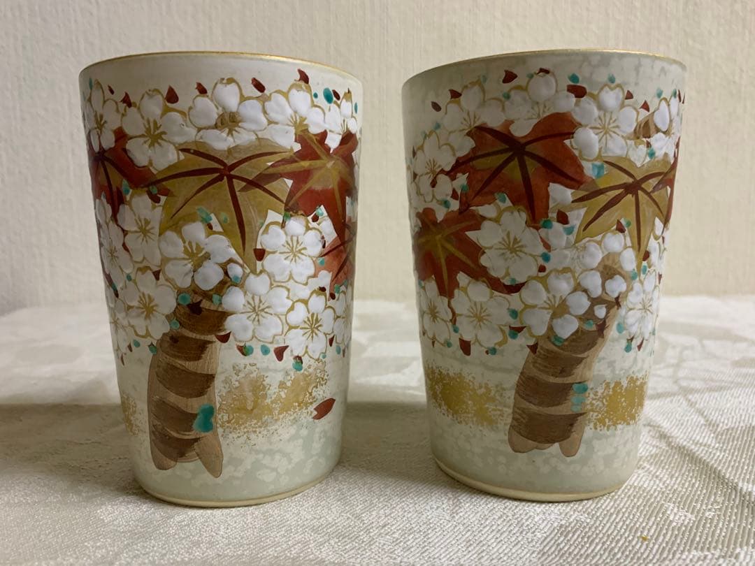 美品 京都雲楽窯 茶器セット 京焼清水焼 桜もみじ 陶器 湯呑み茶碗 急須 ペア