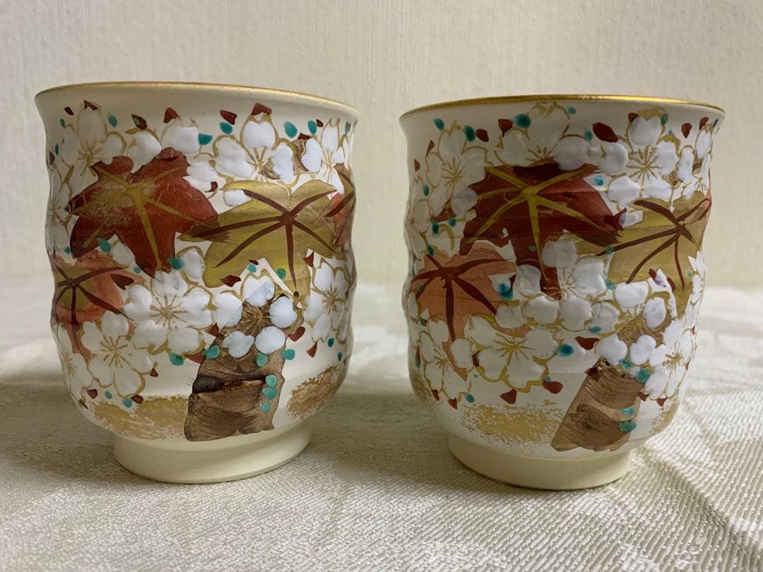 美品 京都雲楽窯 茶器セット 京焼清水焼 桜もみじ 陶器 湯呑み茶碗 急須 ペア