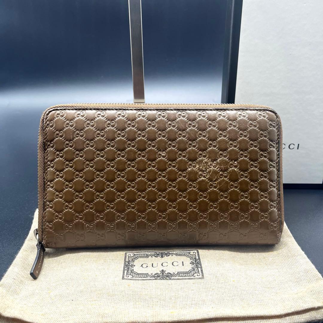 グッチ 長財布 オーガナイザー ラウンドファスナー マイクロシマ GG柄 茶